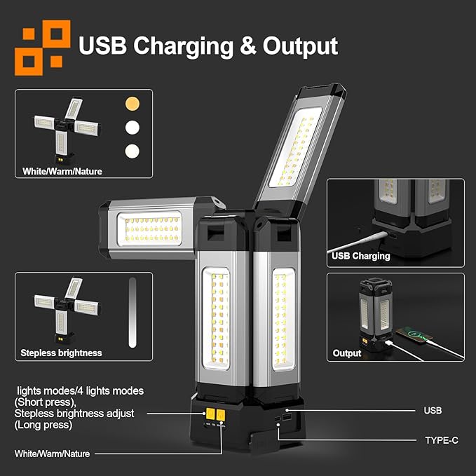 13200mAh Rechargeable Aluminum Work Light , IPX4 Waterproofwith Folding Stand Support and Portable Carrying Bag, 8000 Lumen Stepless Dimmable , 3 Lighting Modes, White/Warm/Nature White