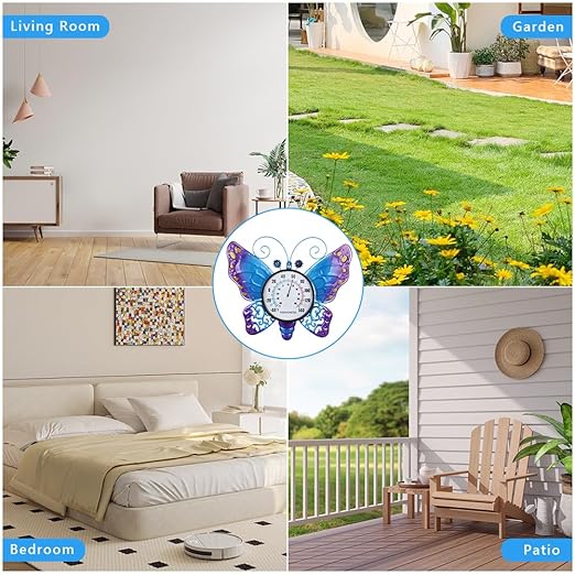 Outdoor Thermometer, Blue Butterfly Indoor Thermometer No Need Battery, Metal Wall Thermometer for Patio Home Room Decor