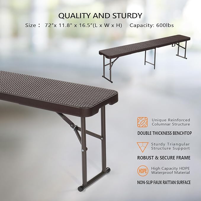 VINGLI 6 feet Plastic Folding Bench,Portable in/Outdoor Picnic Party Camping Dining Seat, Garden Soccer Multipurpose Entertaining Activities, Rattan Patterned HDPE Tabletop, 2 Pack, Brown