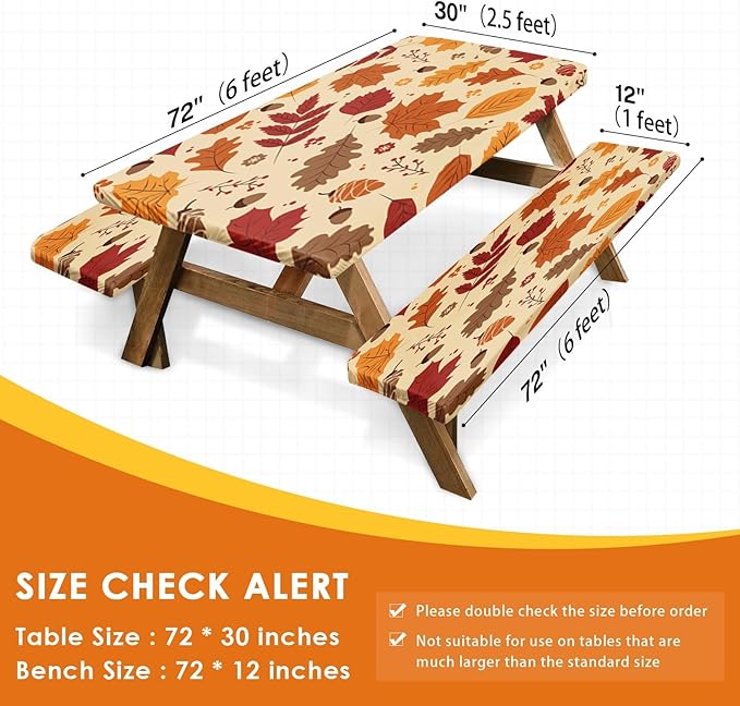 Picnic Table Cover with Bench Covers Elastic Edges, Autumn Fall Fitted Table Cover, Outdoor Patio Camping Essentials 72 Inch 3PCS, Waterproof Camping Fitted Tablecloth with Drawstring Bag