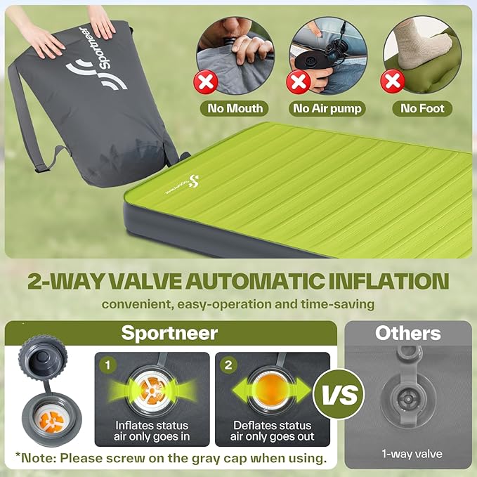 Sportneer Sleeping Pad for Camping: 4" Ultra-Thick Air & Foam Camping Mattress with 10 R Value, 4-Season Large Size 78" x 30" Self-Inflating Sleeping Pad for Camp/Travel/Car/Tent, Easy to Inflate