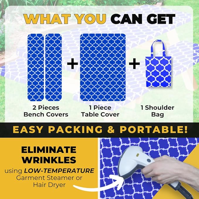 RNOONY 6ft Vinyl Picnic Table Cover with Bench Covers with Carrying Bag, Camping Essentials Tablecloth Waterproof and Windproof with Elastic Edge. Perfect for Indoors and Outdoors Blue 72x30 inches