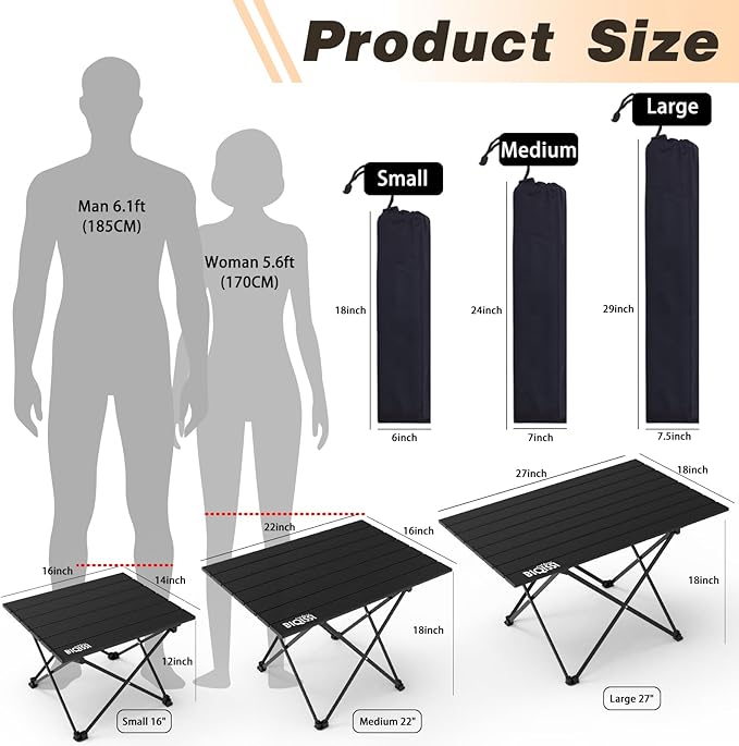 Portable Camping Table, Compact Camping Side Table with Carrying Bag, Ultralight Aluminum Beach Table Folding for Hiking, Camping, Picnicking, BBQ, Outdoor Cooking (Black Medium 22")