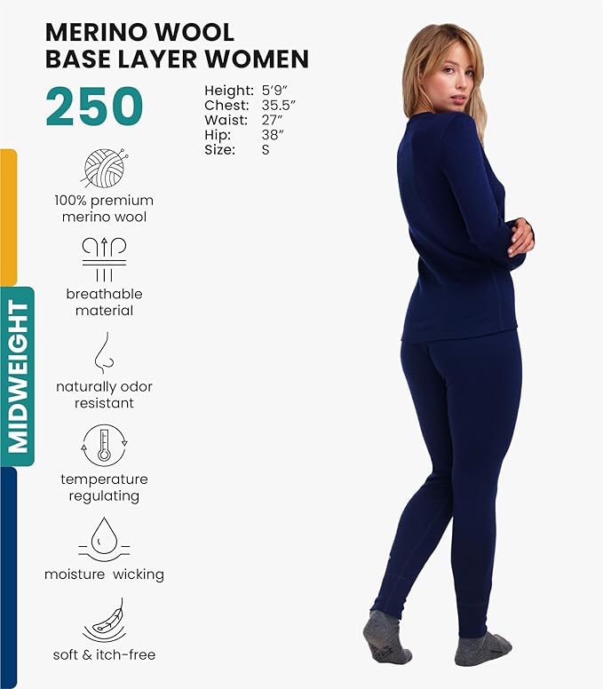 Merino.tech Merino Wool Base Layer Women Set - Heavyweight, Lite, Midweight Merino Thermal Underwear For Women Top, Bottom