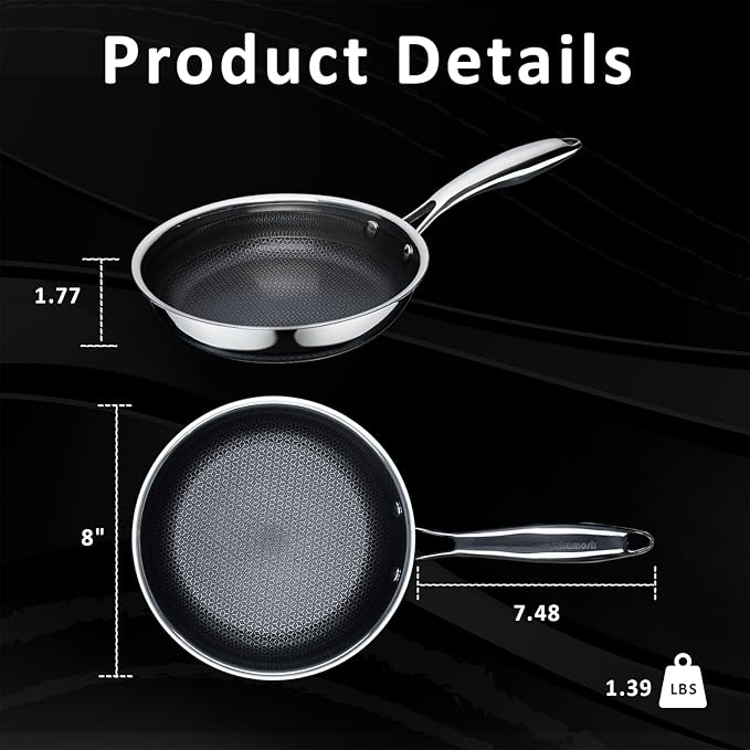 8" Non Stick Frying Pans, Hybrid Ceramic Stainless Steel Pan, Skillet with Stay-Cool Handle, Non Toxic, PFAS PFOA PTFE Free, Dishwasher & Oven Safe, Induction, Compatible with All Cooktops
