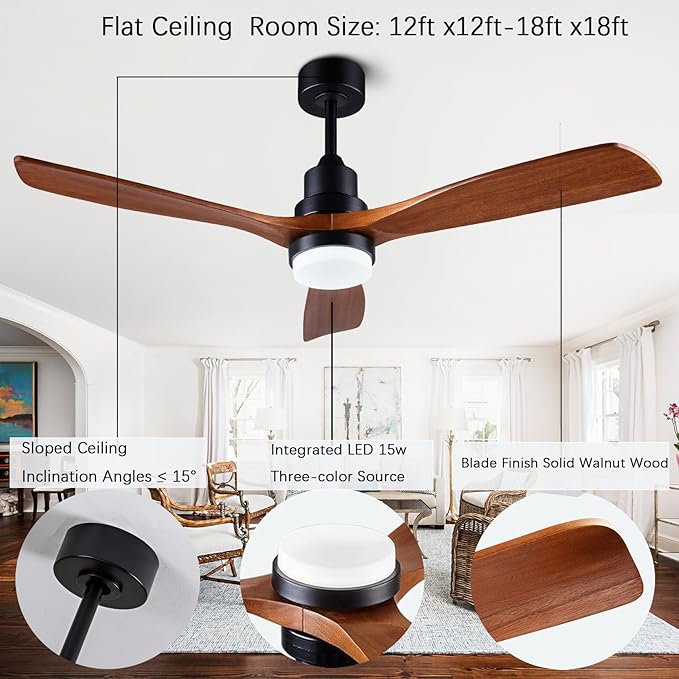 52" ceiling fans with light, solid wood ceiling fan with remote control and DC motor, LED dimming with memory function, 3 blades, suitable for living rooms, bedrooms, and dining rooms - black + walnut
