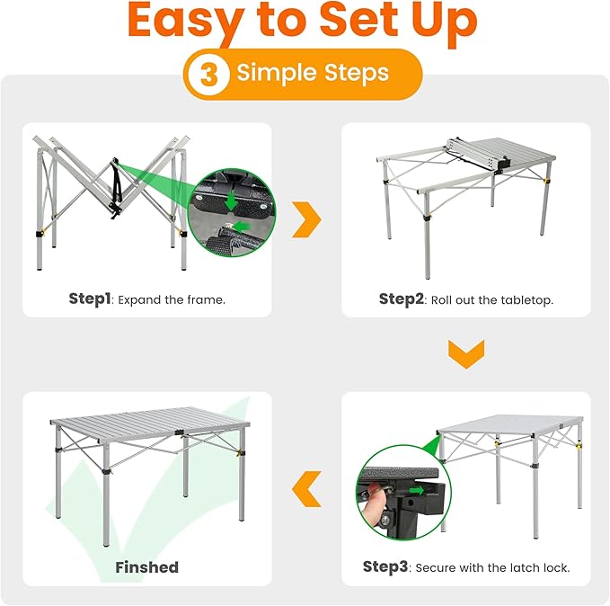 Portable Outdoor Camping Table Large for 2-6 Person - Foldable Camp Table with Aluminum Roll-Up Top & Carry Bag for BBQ, Tailgating, Backyard, 220 Lbs Capacity, Stable & Sturdy (Silver)