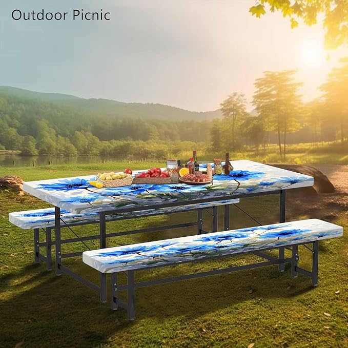 CAPSCEOLL Fitted Picnic Table Cover with Bench Covers with Elastic 8Ft Waterproof Camping Picnic Table Cover Cloths for Outdoors Camping Tablecloth with Drawstring Bag, 96X30in, Blue Flowers
