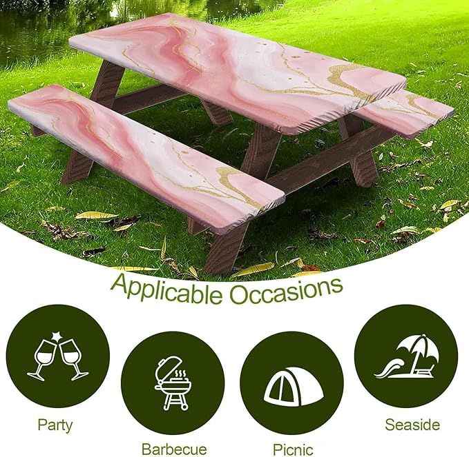 CAPSCEOLL Elastic Picnic Table Cover with Bench Covers 5Ft Waterproof Fitted Picnic Table Cover Cloths for Outdoors Camping Tablecloth with Drawstring Bag, 60X30in, Pink Marble
