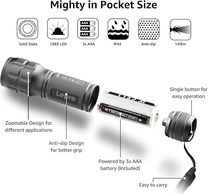 Lighting EVER LED Flashlights High Lumens, Small Flashlight, Waterproof, Adjustable Focus Flash Light for Outdoor, Emergency, AAA Batteries Included