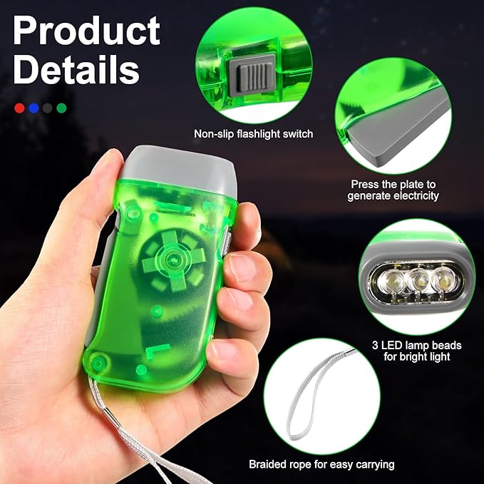 Treela 36 Pcs Hand Crank Flashlights Operation Christmas Items Bulk Squeeze Flashlight No Battery Required Torchlight 3 Powered Charging for Emergency(Green, Gray, Blue, Red)
