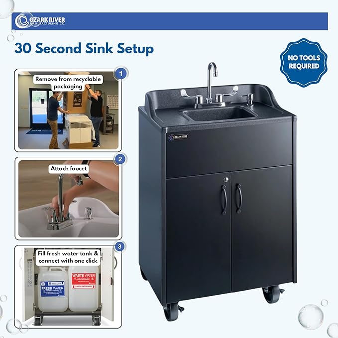 Ozark River Portable Sinks Premier Black, Black Laminate-ABS Sink, Mobile Self Contained Sink, Mobile Hand Washing Station, Portable Sink with Hot Water, Portable Sink Hand Wash Station, 110V