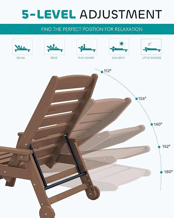 SERWALL Patio Chaise Lounge Chair Set of 2 with 9FT Patio Umbrella, 78'' HDPE Outdoor Lounger 5 Positions Adjustable, Poly Lounge Chair with Rolling Wheels & Cup Holder for Pool,Wooden Brown