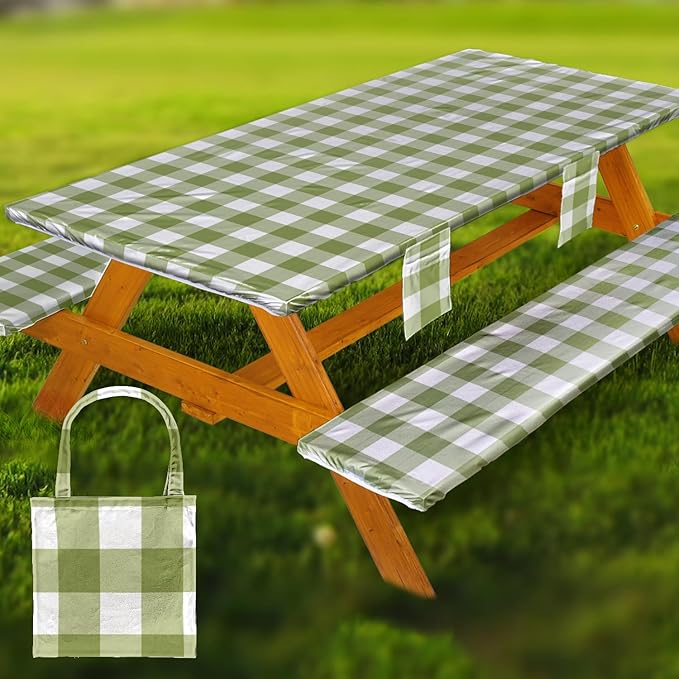 Picnic Table Cover with Bench Covers Vinyl Elastic Edges Fitted Rectangle Seat Tables Waterproof 3-Piece96X30in Set Outdoor Rectangular Folding Backing Tablecloth for Camping Over SizeTie-Dye 112
