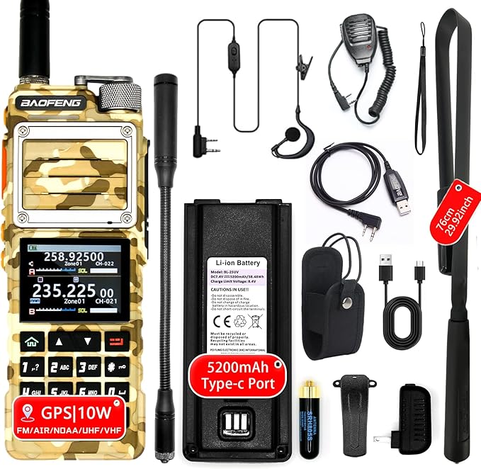 BAOFENG UV-25 PRO 10W Heavy Duty Radio Handheld Tri Band Baofeng Waterproof Radio Tri Band Ham Radios 999CH 5200MAh BatteryType-C Charging UHF VHF MW FM Air NOAA Multi-Band Receiver (Yellow)