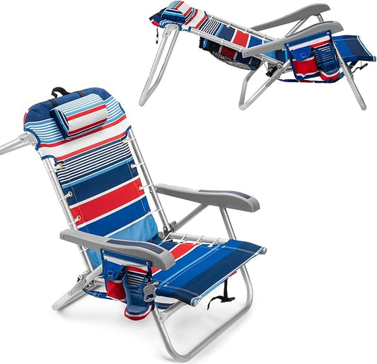 Homevative Backpack Fold-Up Beach Chair, 5 Positions, Towel bar, Cooler, Storage Pouch, Cup Holder and Phone Pocket