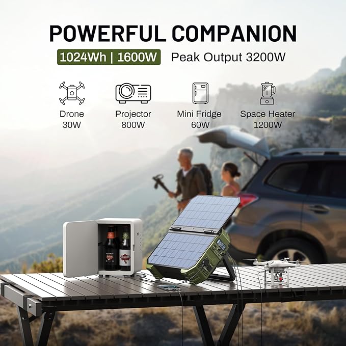 BROWEY 1600W (3200W Peak) Portable Power Station, 1024Wh LiFePO4 Battery with Built-in Solar Panel, 100W USB-C PD, Solar Generator for Camping, RV, Home Backup, Emergency