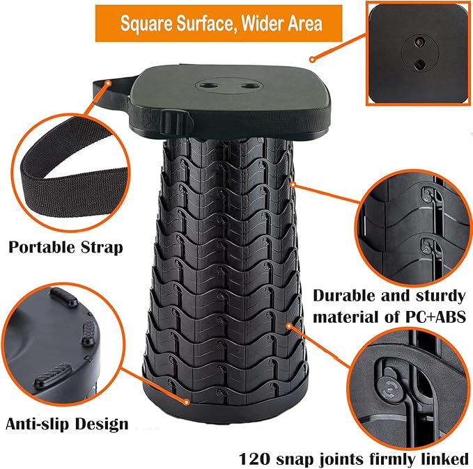 Collapsible Camping Stool with Seat Cushion & Nylon Bag, Square Portable Telescopic Stool, Lightweight Sturdy Foldable Stool for Camp Fishing Picnic, Max Load 550 lb