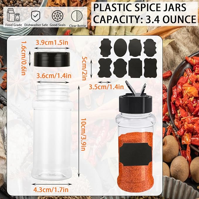 JMIATRY 36 Packs 3.4oz Plastic Spice Jars with Shaker Lids Empty Plastic Spice Bottles with Labels 100ML/ 3.4 Ounce Plastic Seasoning Containers for Spice,Herbs,Powders,Glitters