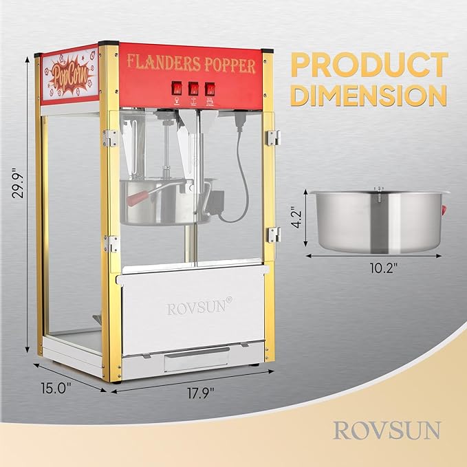 ROVSUN Popcorn Machine with 12 Ounce Kettle Makes Up to 80 Cups ETL Certified, Countertop Popcorn Maker Commercial Popcorn Machine w/Stainless Steel Scoop, Oil Spoon & 3 Popcorn Cups for Home Theater