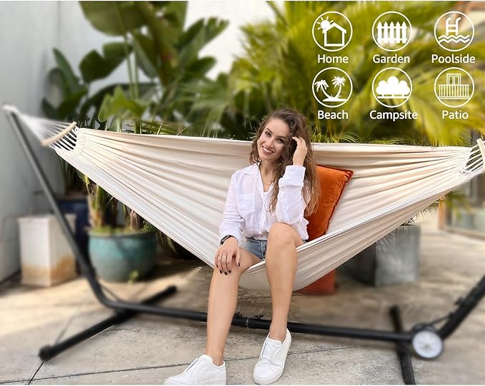 Anyoo Garden Cotton Hammock Comfortable Fabric Hammock with Spreader Bar Sturdy Hammocks Up to 450lbs Portable Lightweight Hammocks with Travel Bag for Camping Outdoor/Indoor Patio Backyard