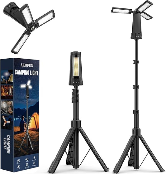 Rechargeable Camping Light with Stand, 15000 mAh Cordless Work Light with 3 LED Lamp Heads, 5500 Lumens Dimmable Camping Essentials Gear Emergency Flashlight with 86" Detachable Tripod, Black