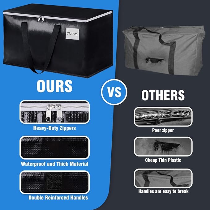 BlissTotes Moving Bags, Heavy Duty Moving Boxes with Zippers Top and Sturdy Handles, Storage Bags for Space Saving and Packing, Collapsible Moving Supplies, Storage Totes (93L, 10-Pack, Black)