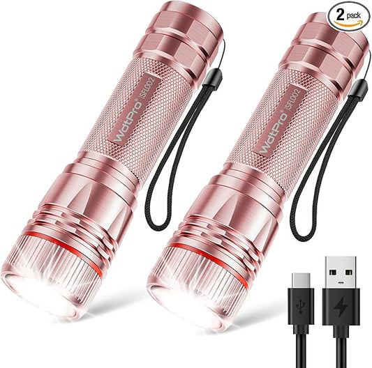 WdtPro Rechargeable Flashlights High Lumens, 2 Pack Super Bright LED Small Tactical EDC Flashlight with 10H Runtime, Portable Flash light for Camping, Home, Emergency Essentials Pink(Battery Included)