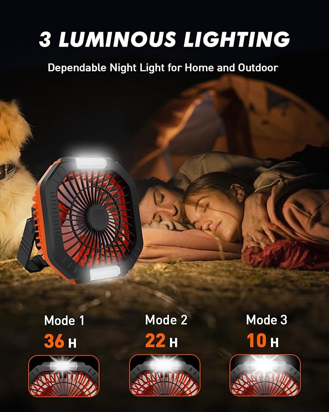 DUKUSEEK Camping Fan with LED Lantern & Remote, 25H Work Time Battery Operated Fan with Hang Hook for Tent, Portable Ceiling Tent Fan with Remote for RV Outages Emergency Desk Bedroom
