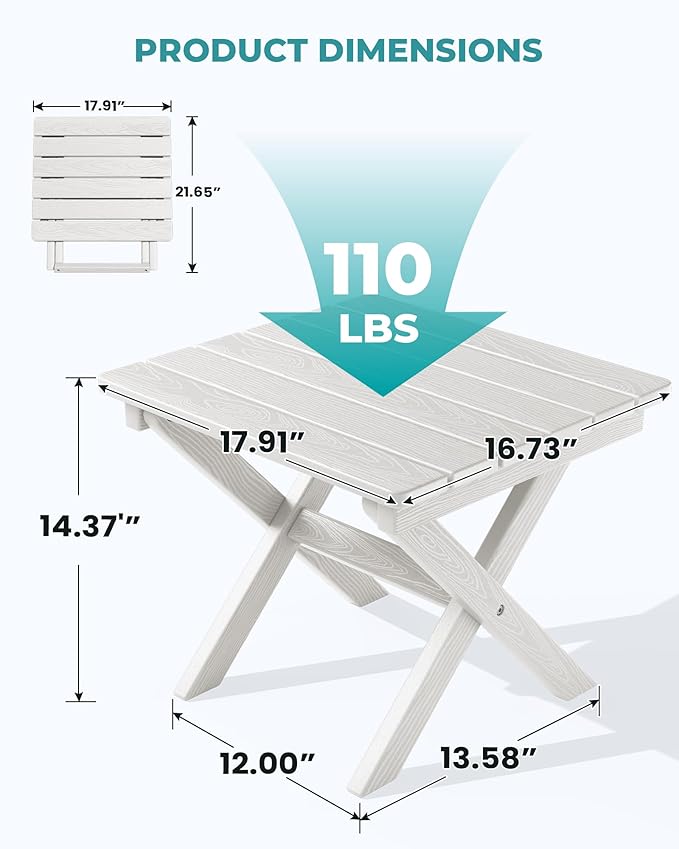 SERWALL Portable Folding Adirondack Side Table, HDPE Small Outdoor End Table, No Assembly Required, Weather-Resistant, 110 lbs Capacity, White