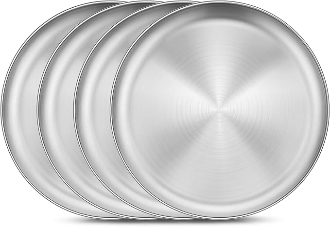 Homikit Stainless Steel Kids Plates Set of 4, 8 Inch 304 Metal Dinner Plates for Kids Toddler Children, 4-Piece 18/8 Non Toxic Dinner Dishes Set for Serving Camping, Dishwasher Safe & Reusable