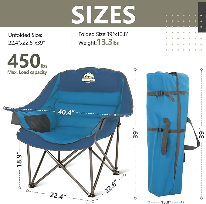 Oversized XL Padded Camping Chair Set of 2 Wide Heavy Duty Lawn Chairs Support 450 LBS Portable Folding Gaint Plus Camp Chair for Outdoor Outside Sports Baseball Soccer-Blue