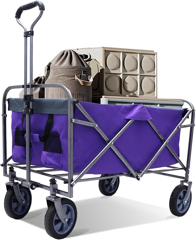 Collapsible Wagon Cart, Large Capacity Utility Foldable Garden Cart, 150 lb Heavy Duty Outdoor Wagon with All-Terrain Wheels, for Camping, Garden,Shopping, Sports, Purple