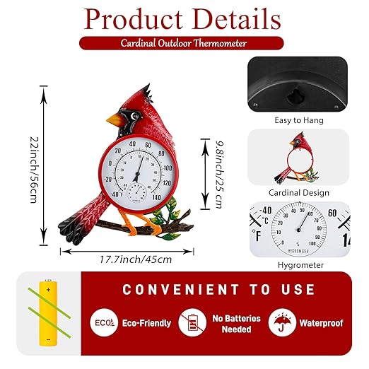 Large Outdoor Thermometer, Cardinal Wall Thermometer Hygrometer No Need Battery, Retro Sun Outside Thermometer Decoratibve for Backyard, Garden, Living Room