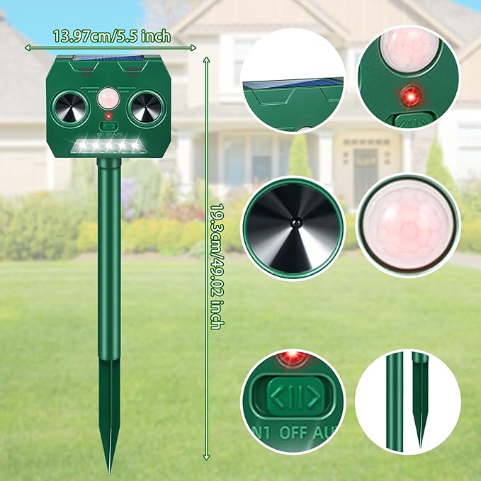 2 Packs Solar Ultrasonic Animal Repeller Outdoor Cat Repellent, Solar Deer Repellent Devices with Strobe Lights Motion Sensor Animal Deterrent,Keep Raccoon Squirrel Skunk Rabbit Out of Yard Garden