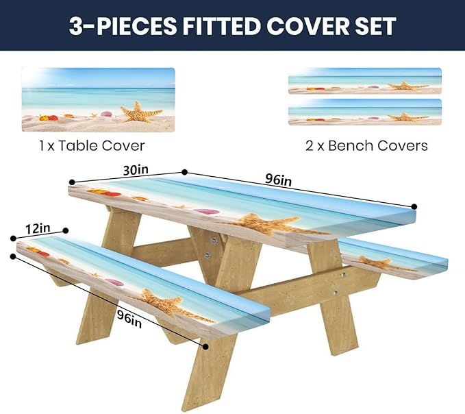 CAPSCEOLL Picnic Table Cover with Bench Covers 8Ft Waterproof Camping Tablecloth All-Weather Outdoor Table Protector with Drawstring Bag for Camping Essentials, 96X30In, Sea Beach