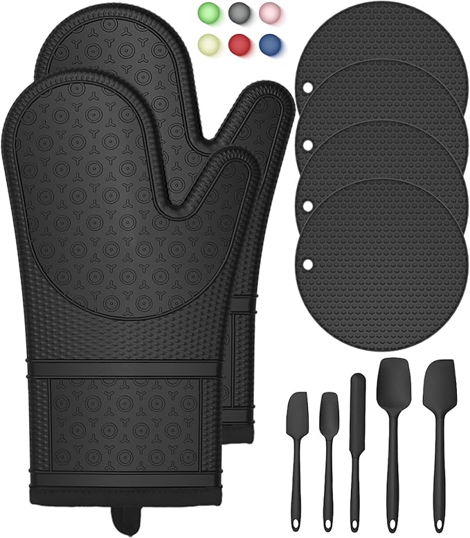 Oven Mitts with Heat-Resistant Hot Pads and Five Silicone Spatulas Designed for Kitchen Baking Cooking, Oven Glove Soft Cotton Lining, Waterproof, BPA-Free (Black& Trivet, 12.6)