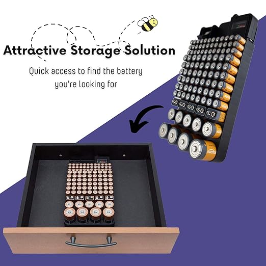 Bee Neat Battery Organizer and Storage Case with Tester - Battery Storage Box for Wall or Drawer - Max. 114 Batteries AA, AAA, 9Volt, C, D & Watch Batteries