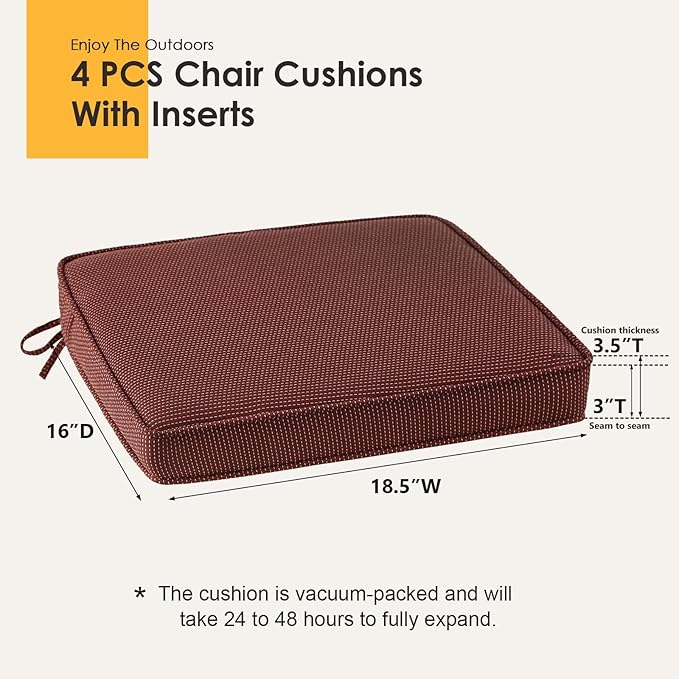Outdoor Square Corner Seat Cushion, 18.5"x16"x3", Set of 4, Non Slip Seat Cushion Pads with Removable Cover for Patio Furniture, Garden Yard Lawn, Tan Dotted Red Base