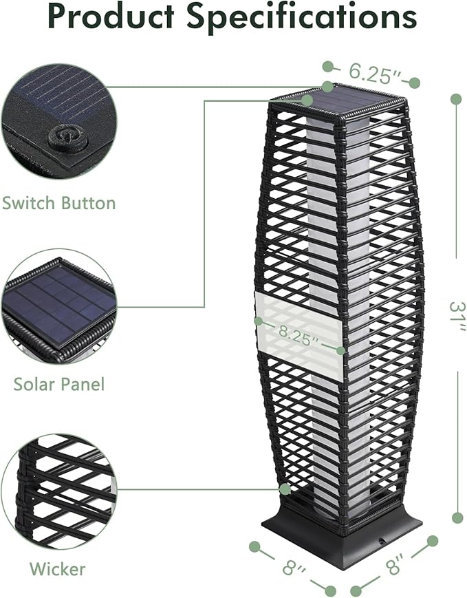 Grand patio 2-Piece Outdoor Floor Lamp Solar Powered Lantern Waterproof Wicker Boho Deck Lights for Garden Porch Decor, Large Crossover