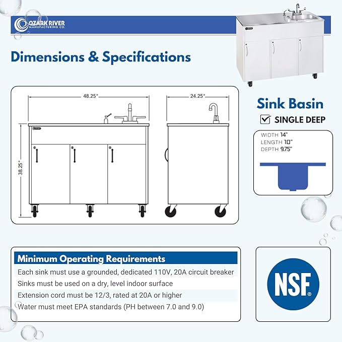 Ozark River Portable Sinks, Advantage S1D, White Laminate Cabinet-Stainless Countertop, Hot Water Hand Washing Station with Countertop & Storage Space, Self Contained Sink, Portable Hand Washing Sink