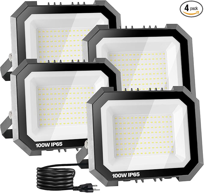 4 Pack LED Flood Lights Outdoor, 100W 10000LM Super Bright Floodlight Outside Work Light with 5.9FT Plug, IP65 Waterproof 6000K Outdoor LED Flood Light for Garage, Yard, Lawn, Garden