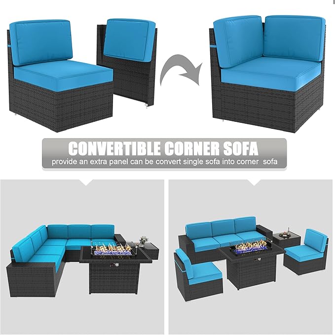 LayinSun 7 Pieces Outdoor Patio Furniture Set with 44" Fire Pit Table Rattan Sectional Sofa Conversation Sets