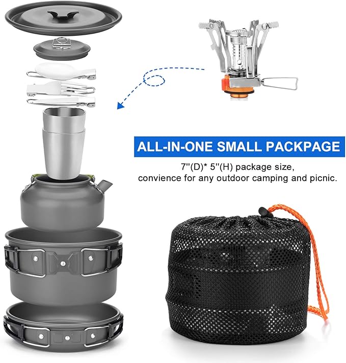 Odoland 12pcs Camping Cookware Mess Kit with Mini Stove, Lightweight Pot Pan Kettle with 2 Cups, Fork Spoon Kit for Backpacking, Outdoor Camping Hiking and Picnic