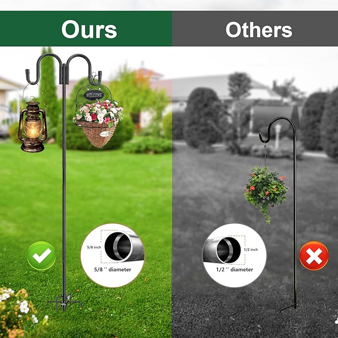 Black Double Shepherds Hook - 52 Inch Adjustable Bird Feeder Pole with 5 Prongs Base - Heavy Duty Rustproof Shepards Hooks for Outdoor Hummingbird Feeder Stand, Solar Lights, Lanterns, Flower Basket