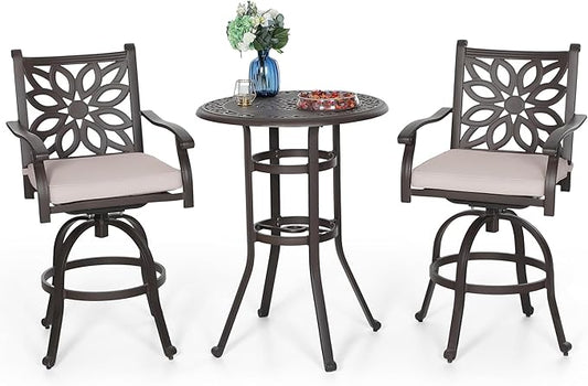 PHI VILLA Patio Furniture Set, Brown 3Pcs Cast Aluminum High Top Table and Swivel Bar Stools with Cushion, Pub Bistro Set for Outdoor