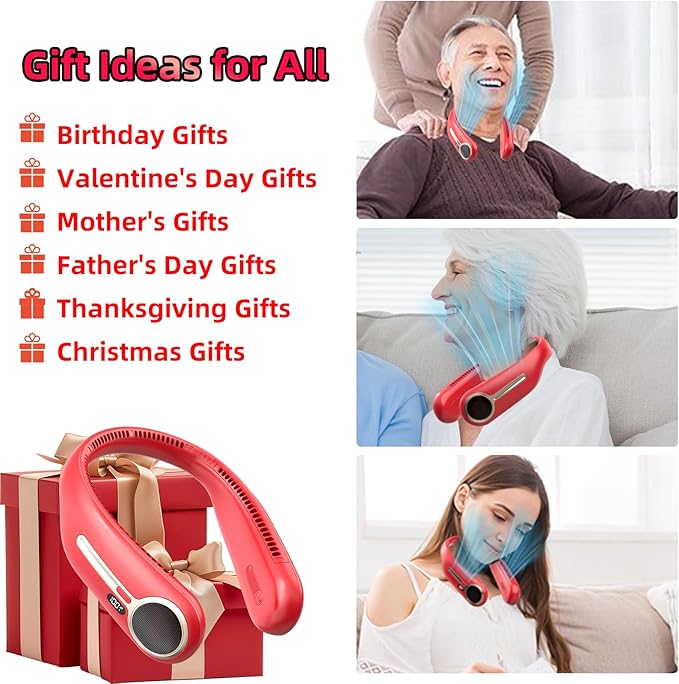 Portable Neck Fan,Gift Ideas,Personal Wearable Bladeless Fan,360° Cooling,LED Display,4-Speeds,6000mAh Rechargeable,Powerful Wind,Outdoor Travel Camping,Birthday Gifts for Men Women Dad Mom (Red)