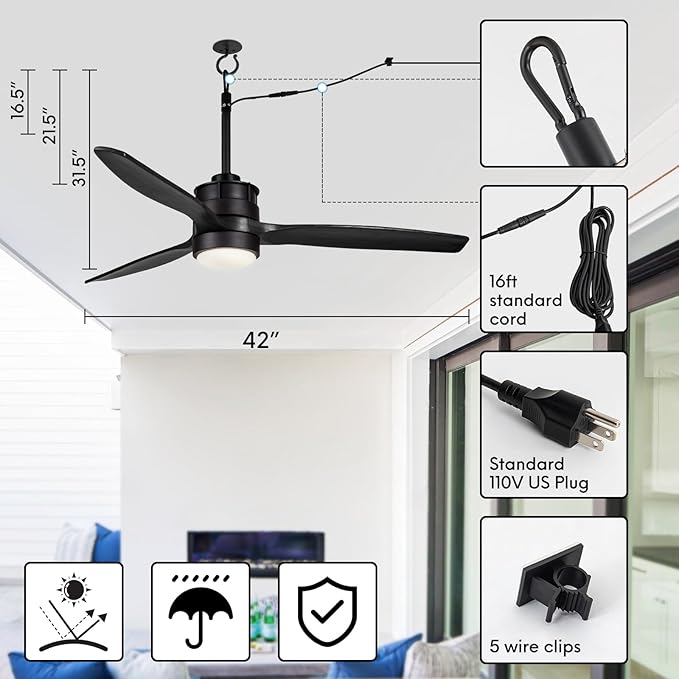 EKIZNSN 42“ Wet Rated Gazebo Ceiling Fans Outdoor Hanging for Patios Waterproof, Pergola Ceiling Fan with Light, Hook Installation, Black