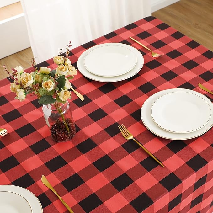 Softalker Christmas Gingham Checkered Rectangle Tablecloth - Buffalo Plaid Farmhouse Table Cloth Waterproof Stain Resistant Table Cover for Kitchen/Party/Holiday - Black and Red, 60 x 84 Inch