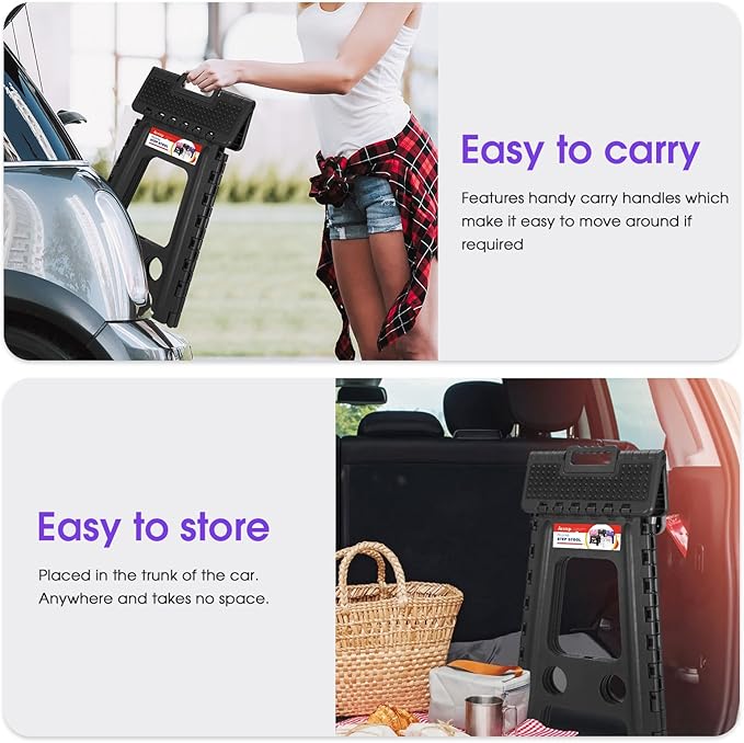 ACSTEP 17.5 Inch Folding Step Stool for Adults and Kids, Non-Slip Plastic Foldable Stepping Stool, Collapsible Folding Stool with Handle Holds Up to 400lbs for Kitchen, Dot Black (1 Pack)